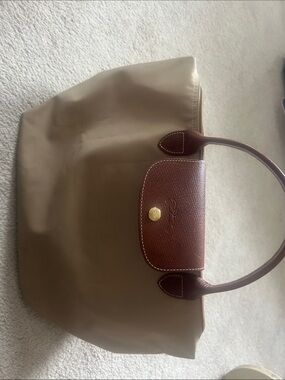 Longchamp Taupe Nylon Tote with Brown Leather Trim
